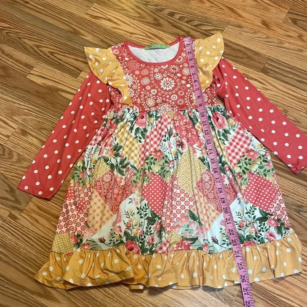 Millie Loves Lily Dress, coral sage yellow, 8
